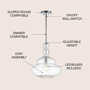 Bettina 13.37" Glass/Metal LED Pendant - JONATHAN Y